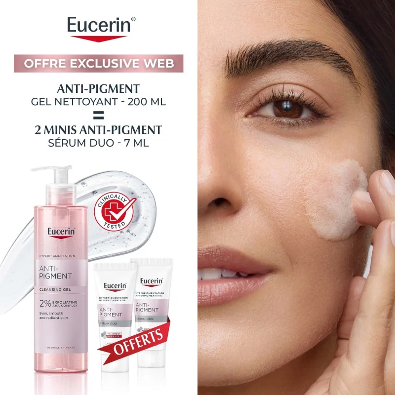 promo e-com Eucerin Anti-pigment Cleansing gel 200ml Achete + 2 Minis Anti-pigment serum duo (7x2)14ML OFFERTS