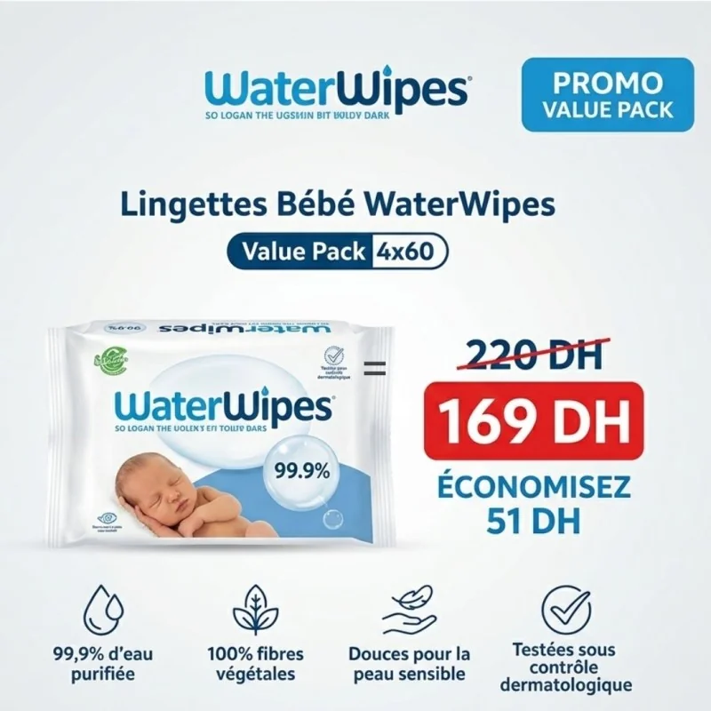 WATERWIPES Lingettes bébé 4X60 Pièces