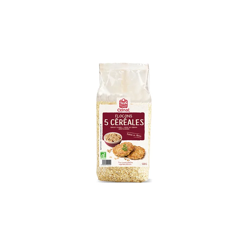 CELNAT FLOCONS 5 CEREALES 500G (Blé, orge, avoine, seigle et riz)