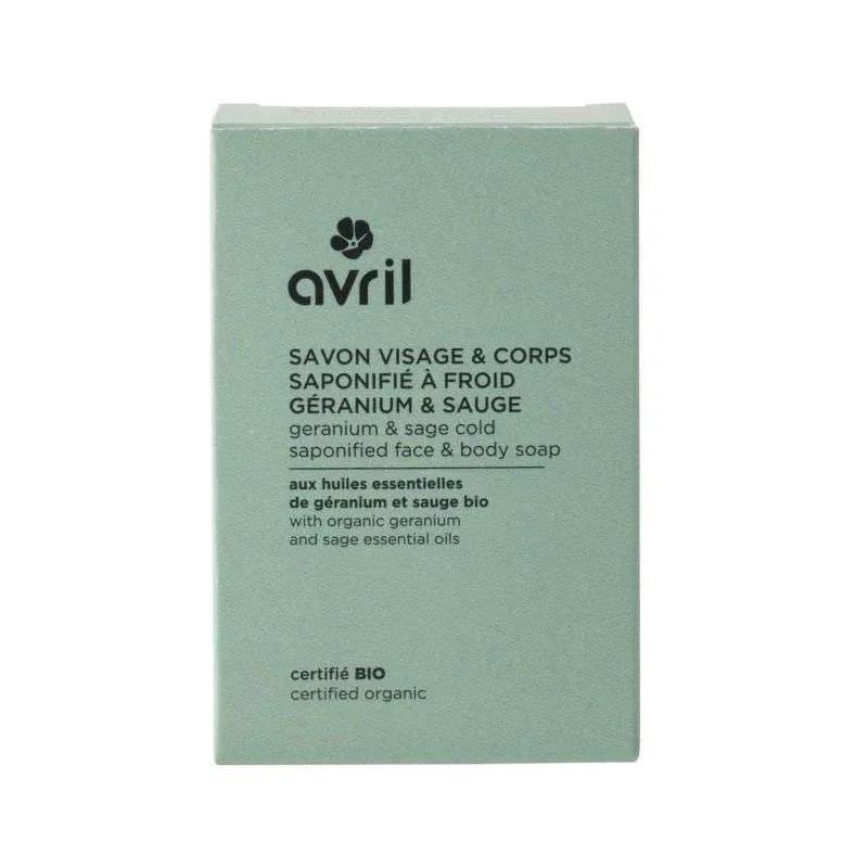 AVRIL SAVON A FROID VISAGE ET CORPS AUX HUILES ESSENTIELLES DE GERANIUM ET SAUGE BIO 100 G