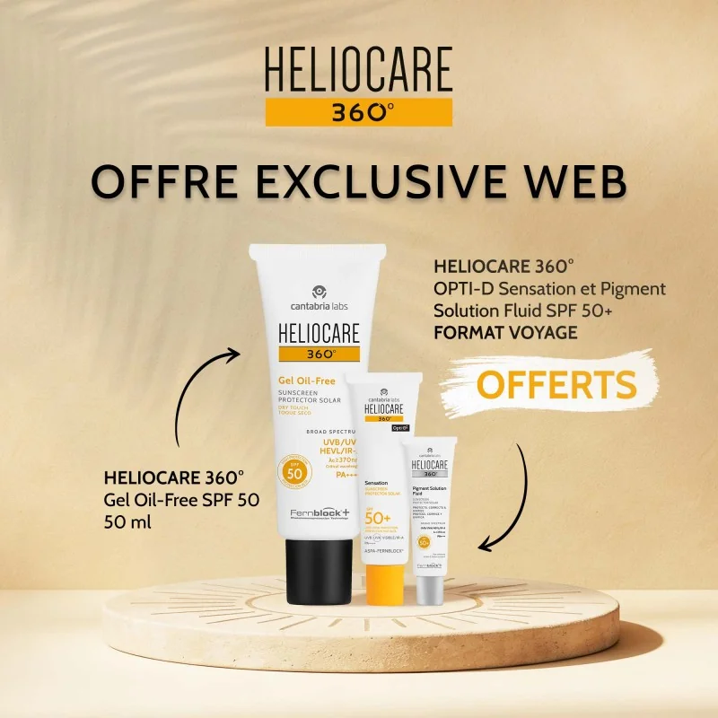 Heliocare 360° gel oil spf50 50ML ACHETE + Heliocare OPTI-D SENSATION ET PIGMENT SOLUTION FLUID FORMAT VOYAGE OFFERTS