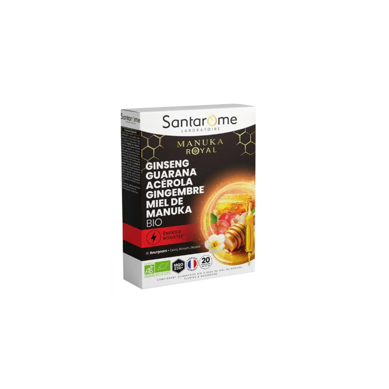 SANTAROME GINSENG GUARANA ACEROLA GINGEMBRE MIEL DE MANUKA 20 AMPOULES