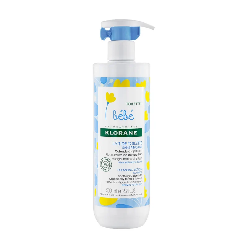 Klorane - Lait de toilette sans rinçage au Calendula apaisant - Bébé - Peau normale à sèche 500 ml