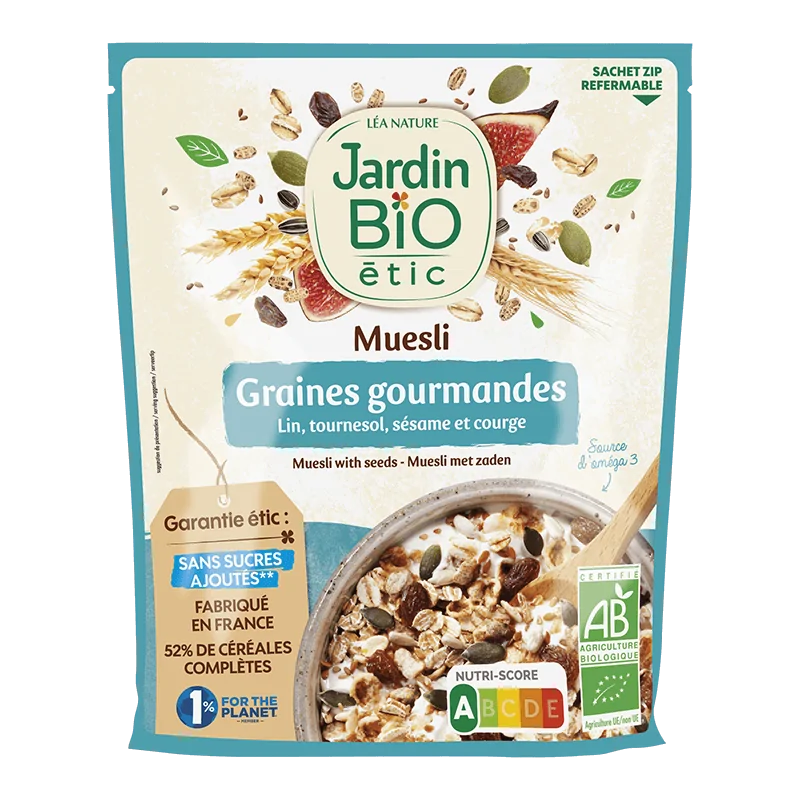 JARDIN BIO "MUESLI AUX GRAINES SANS SUCRE AJOUTE 375G (lin, tournesol, sarrasin, sésame, courge et raisins secs)"