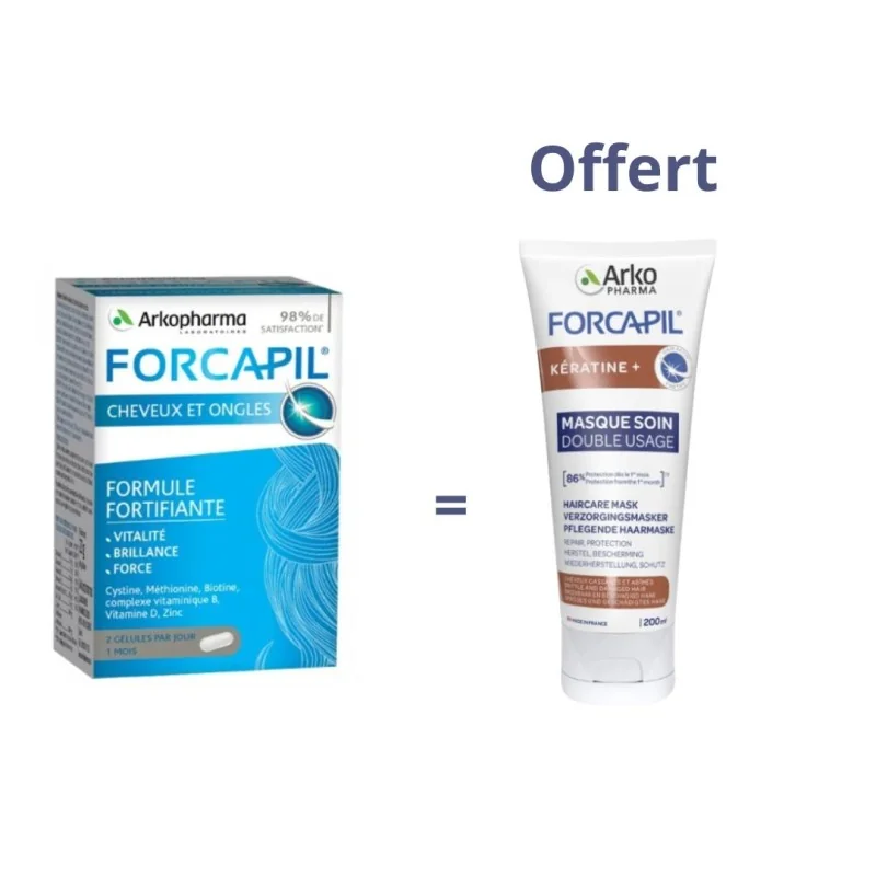 Arkopharma Forcapil Cheveux et Ongles 180 gélules Achete + Forcapil Kératine Masque Soin Double Usage 200ml Offert