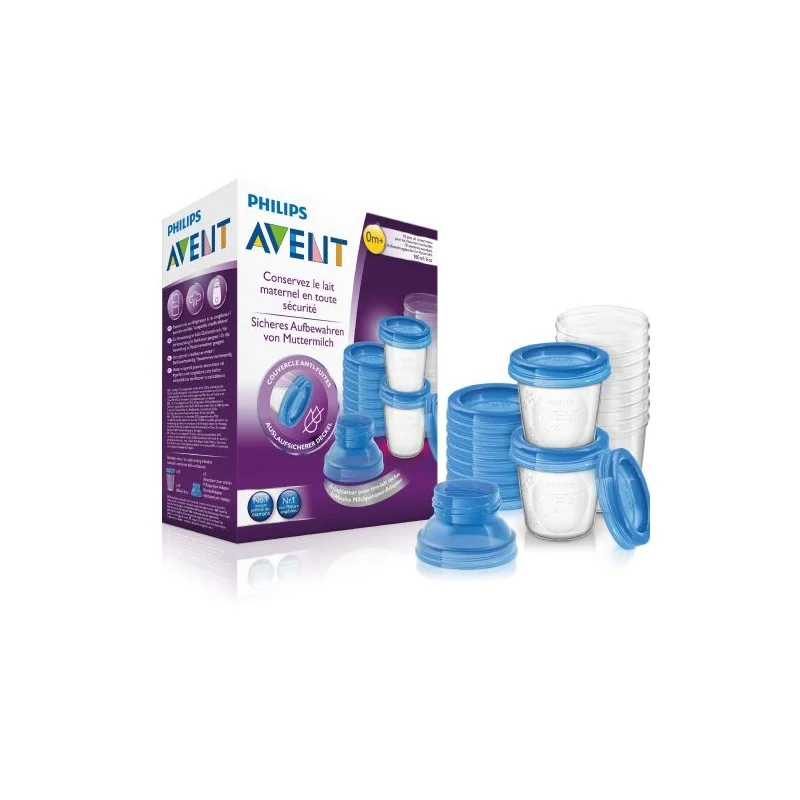 AVENT SYSTEME DE CONSERVATION DU LAIT MATERNEL VIA 10 POTS 180ML, 10 COUVERCLES ET 2 ADAPTEURS
