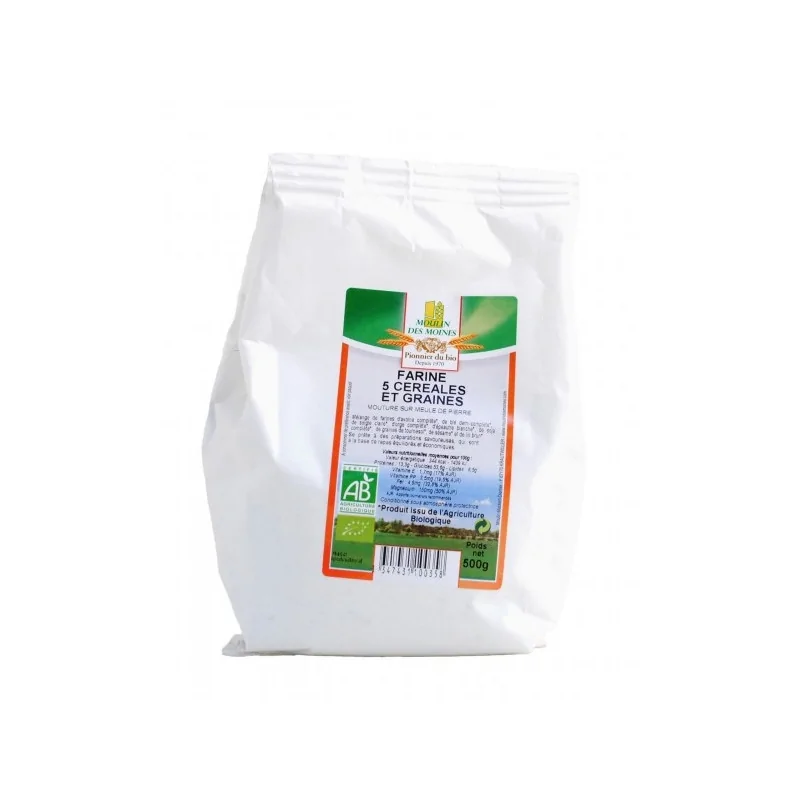 MOULIN DES MOINES "FARINE 5 CEREALES ET GRAINES 500G (blé, seigle, orge, épeautre, graines de tournessol et lin brun)"