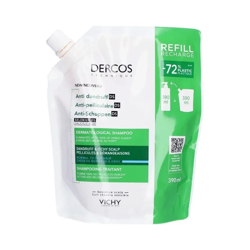 VICHY DERCOS ANTI PELLICULAIRE SHAMPOING CHEVEUX GRAS RECHARGE 390 ML