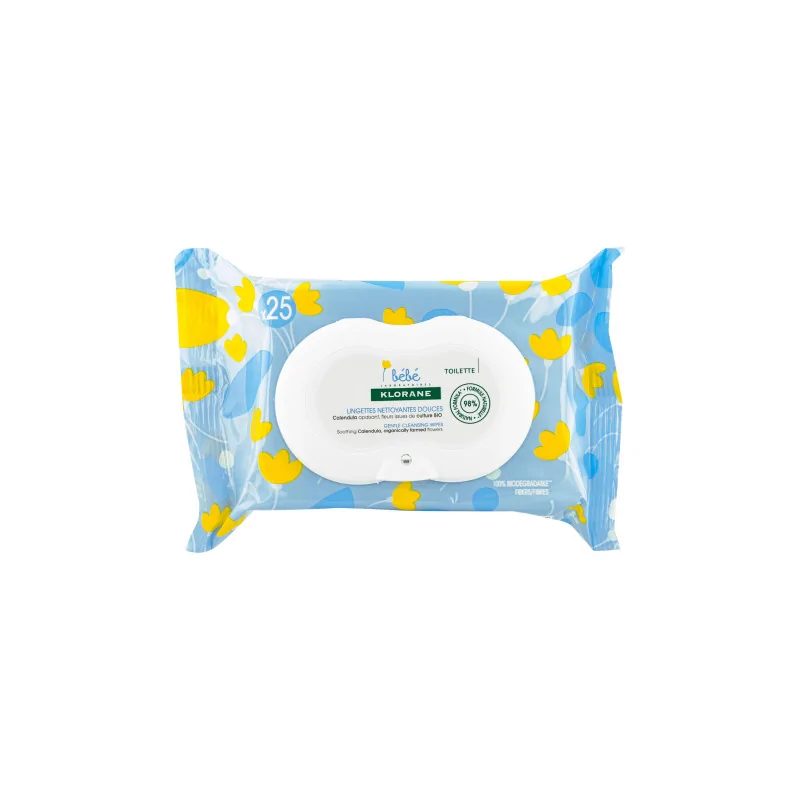 Klorane - Lingettes nettoyantes douces pour le corps au Calendula apaisant - Bébé - Peau normale à sèche 25 u