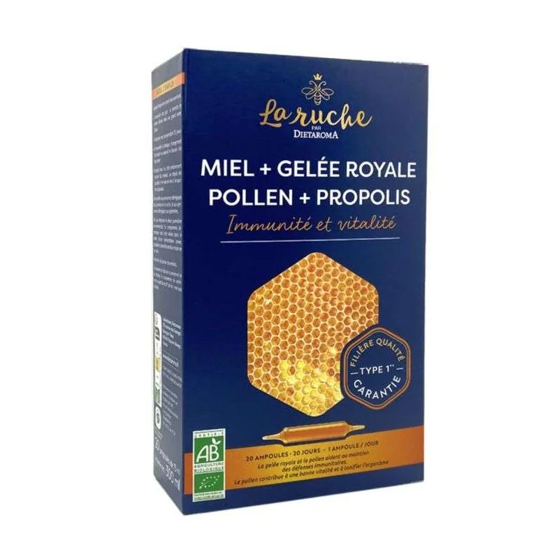 DIETAROMA MERVEILLES DE LA RUCHE BIO (gelée royale bio, propolis bio, pollen bio et miel bio) 20 ampoules de 15 ml