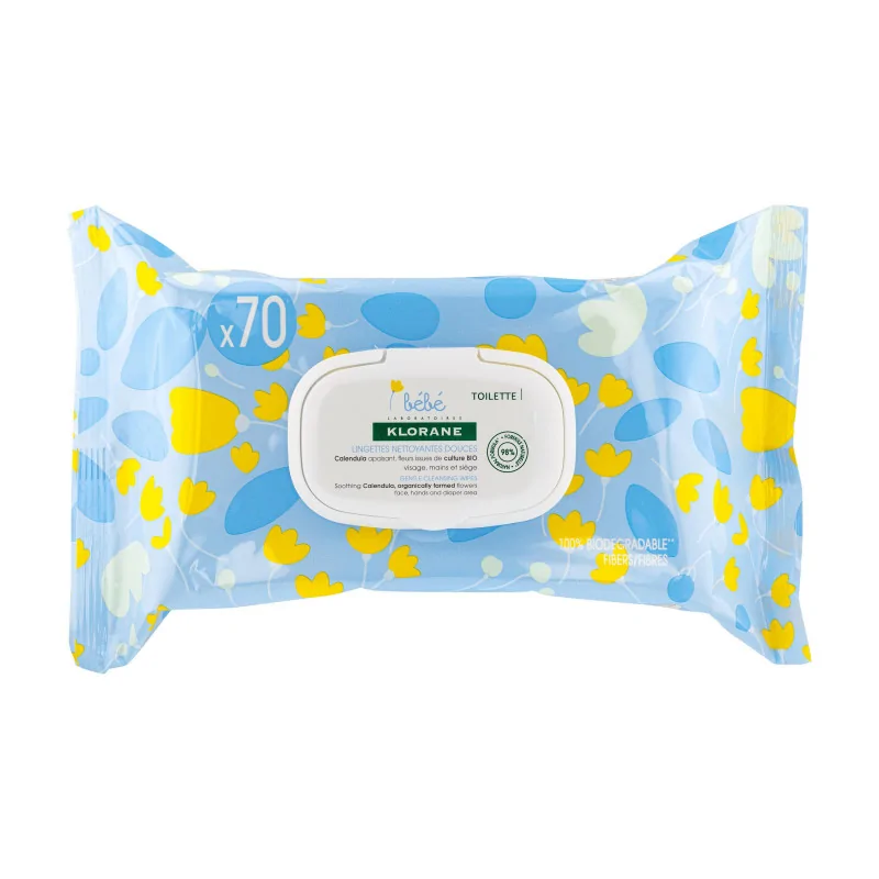Klorane - Lingettes nettoyantes douces pour le corps au Calendula apaisant - Bébé - Peau normale à sèche 70 u