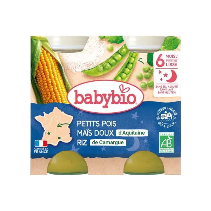 Babybio Petits Pois Maïs Doux d’Aquitaine Riz de Camargue 2x200g