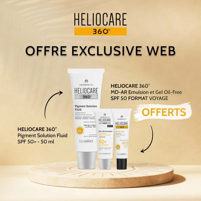 Heliocare 360 Pigment solution Fluide spf50+ ACHETE +MD-AR EMULSION ET GEL OIL FREE SPF50 FORMAT VOYAGE OFFERTS