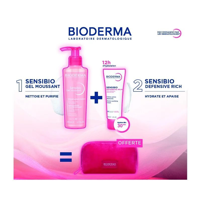 BIODERMA SENSIBIO GEL MOUSSANT 200ML ET Sensibio Defensive Riche ACHETES + TROUSSE OFFERTE